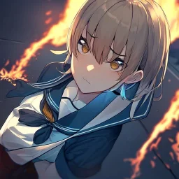 Clear focus,High resolution, Girl wearing a sailor uniform, Angry Look on face, Fire around them, Shadow On her face, Mad, Frown