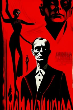 Mikhail Bulgakov’s The Master and Margarita, red background, black, white figures, bizarre, surreal, plakat by Jean Carlu