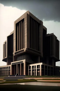 Modern Architectural style for building of India's military Headquarters, make it visibly military and intelligence style at the same time similar to Indian Architecture, use darker colors, make it wider and not much taller