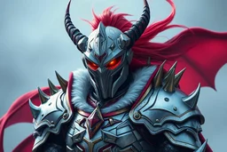 silver and gold demon armor with glowing red eyes, and a ghostly red flowing cape, crimson trim flows throughout the armor, the helmet is fully covering the face, black and red spikes erupt from the shoulder pads, long red hair coming out the back of the helmet, spikes erupting from the shoulder pads and gauntlets, white fur collar around the neck