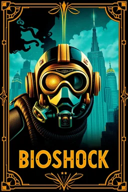 stunning stylish movie poster of BIOSHOCK video game with traditional Art Deco style with intricate borders, elegant typography, perfect lettering and vibrant colors typical to the era, gold nuances, turquoise, black and bronze, Bright and shiny, "BIOSHOCK" written in perfectly clear art Deco letters, gold and black, BIG DADDY deep sea diver features, art deco retro futuristic buildings of Rapture from the video game in the background