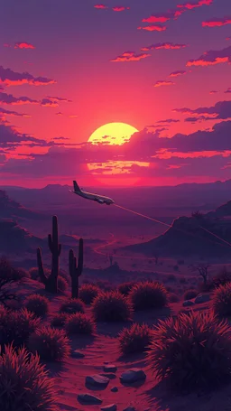 anime style, sunset, desert garden, an airplane crashed ,cinematic view