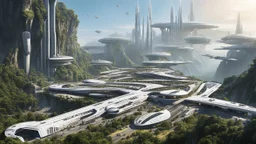 Many spaceliners docked at a huge busy spaceport, with gantries and walkways, setting into the side of a huge cliff, trees, vines and plants, Star Wars, Star Trek