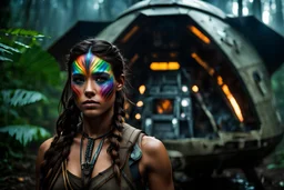 Beautiful girl with rainbow facepaint on left forehead, tribal warrior, strong, sad, resilient, defiant, full body, rain forest, with family of 5 beside her, defending, Masterpiece, best quality, cinematic lighting, futuristic, standing in front of crashed spaceship, tough stance.