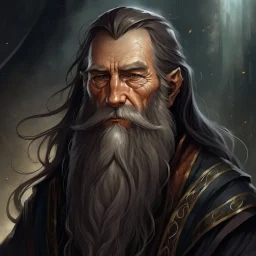 dnd, fantasy, wizard, portrait, face, close up, long beard, black hair, angular features, long, slender, old, professor, handsome