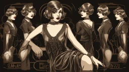 Full Body, burlesque Woman With A Bob With A Fringe Hairstyle, 1920s flapper style Clothing, Steampunk, Black Background