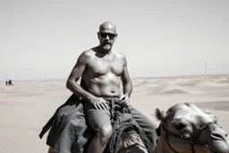 man looking like Walter White in breaking bad, bald, with bare chest riding on a camel in sahara in desert, panorama, black and white photo