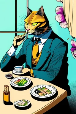 Cat, sitting at a table, eating sushi,perfect iris, ink and pencil, style Tintin