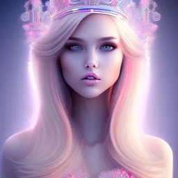 beautiful, soft, smiling face,long straight blonde hair blues eyes, crown on the head, clothing in transparent bluish and pink veil, background brillante bluish and pink,