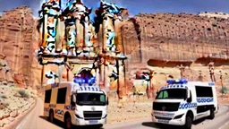 A police Tesla Cybertruck is chasing a Tesla 'Model S Plaid' at top speed, at Petra, in Jordan. CINEMATIC. WIDE ANGLE LENS.