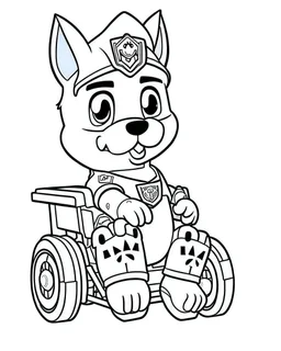 outline art for Paw Patrol Wheelchair coloring page, Japanese manga style, cartoon style, cute face, white background sketch style, full body is a must, only use outline, clean line art, no shadow, bold outline