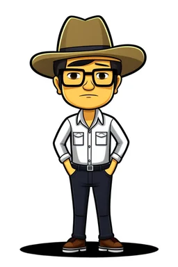 Drawing of Gustavo Petro serious with hat, jeans and shirt no lentes speaking in a speech full body chibi