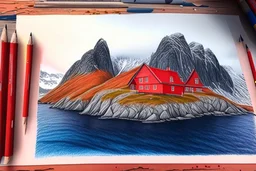 Colored pencil drawing, of the colorful nature of Lofoten Island in Norway, with a characteristic red houses, Ultra Realistic, ultra HD