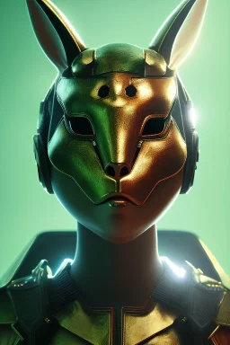 Portrait Sweet Rabbit ceramic mask, hell, green suit, cyberpunk, photo studio, black background, unreal engine 5, concept art, ray tracing, lumen lighting, ultra detail, volumetric lighting, 3d.