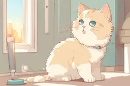 cute fluffy chibi beige cat with a giant thermometer in a modern room in sunshine