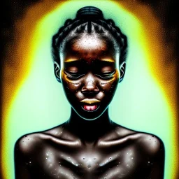 Portrait of a young black woman crying. Tears the colour of oil. Depression seeping out of her eyes nose and mouth like a oil spill