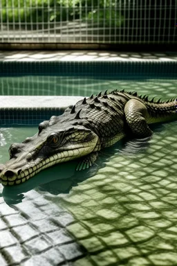 A crocodile laying down in an empty out of water swimming pool ,