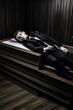 a man in black suit, white shirt, black pants, black shoe sleeping in a coffin