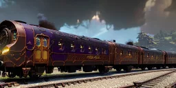 a beautiful steampunk train, tiny details, intricate, detailed, volumetric lighting, steam, rainy, reflective