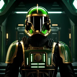 star wars bald male corellian pilot wearing black and bright gasoline green First Order special forces TIE pilot armored flightsuit and helmet with gold trim inside the jedi temple, centered head and shoulders portrait, hyperdetailed, dynamic lighting, hyperdetailed background, 8k resolution, volumetric lighting, light skin, fully symmetric details