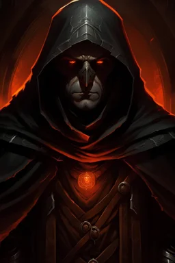 dungeons and dragons character portrait: man wearing old black robes over a dark silver breastplate. Hood is over his head, and his face is covered by a mask. The mans eyes are glowing orange.