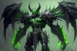 demonio de armadura verde y negro con alas con maquinas
