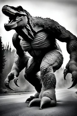 Bigfoot x tyrannosaurus hybrid. Photograph.