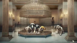 indian hotel front desk with crying puppies in cages all over the lobby