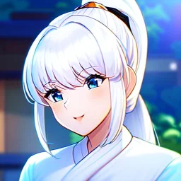 Clear focus, 8k, Elf, ranma drawing style, White hair, ponytail, hair in between the eyes, up close,