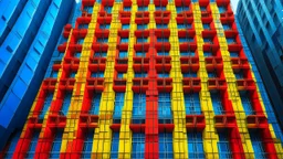 Fachada de rascacielos con una textura de rejilla de hormigón y nichos interiores pintados en rojo, azul y amarillo vibrante, estilo pintura hiperrealista con atención al detalle estructural.