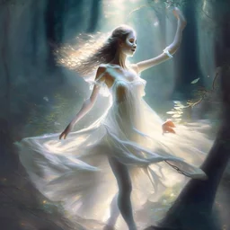 A sweet delicate music surrounding a gracious girl dancing barefoot in a forest, detailed beautiful face, she's wearing a white transparent dress, looks like a painting, volumetric lighting, depth of field