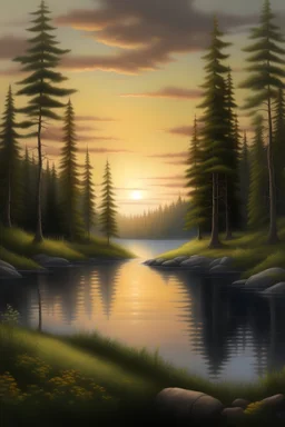 realistic painting of a tranquil wilderness scene with a peaceful lake surrounded by towering pine trees at sunset