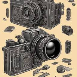 components of the camera laid out flat. poster design. high detailed. oil on canvas.