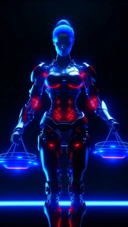 4K. REALISTIC FULL DETAILS. FULL RED BLUE AND WHITE LIGHTS. THEMIS SYMBOL OF JUSTICE CYBERPUNK