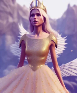 A crystalised queen, atmospheric, realistic, unreal engine, cinematic lighting, octane render, transparent long dress, blonde, full body, wings, smile, long hair