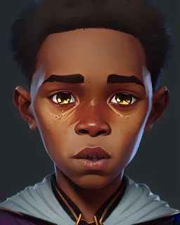 Portrait of a handsome black skinned toddler warlock boy with dark hair by Jim Kay