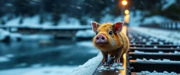 fast and clever cute little evil moss pig named yutt, on icy bridge, motion blur, standing by the rails
