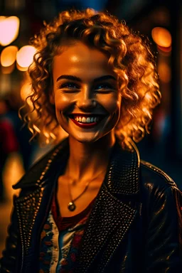 a cool, fashionable and sophisticated girl smiling and wearing cool, fashionable clothes, detailed skin, film photography, perfect body, realistic, sharp focus, very detailed, 4K HQ, depth of field, f/1.2, Leica, 8K HDR, High contrast, shadows, bokeh
