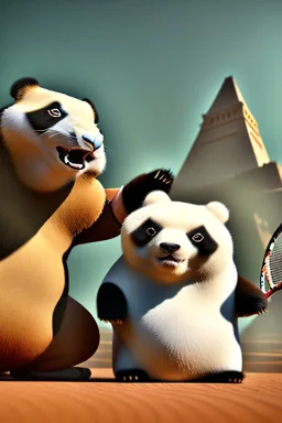 Egyptian gods playing tennis with fat pandas