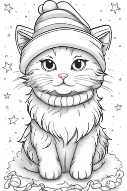 outline art for cute cat coloring pages with A cute Christmas cat nestled in a cozy Santa hat, surrounded by twinkling stars and candy cane stripes., white background, Sketch style, full body, only use outline, Mandala style, clean line art, white background, no shadows and clear and well