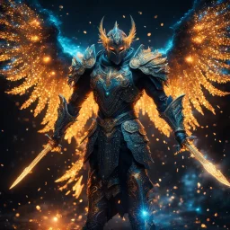 bioluminescent demonic knight with golden wings, covered with glowing crystals, fire and water particles in air, bright colors, glowing sparkle particles, dark tone, sharp focus, high contrast, 8k, incredible depth, depth of field, dramatic lighting, beautifully intricate details, clean environment, epic dynamic scene