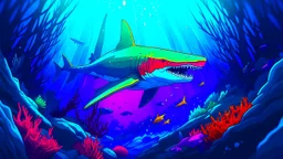 Comic style, underwater, coral reef, shark