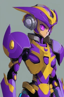 A Genderless Cyborg made of metal, has a human like face with a long violet ponytail, the cybord is wearing armor similar to Megaman Zero. The color palatte of the armour is deep purple and yellow.