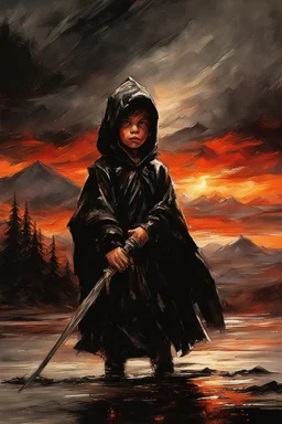 A formidable warrior-a 10-year-old boy in a black robe with a hood, on the background Amazing gloomy landscape, flooded with sunset, mountains, trees, fabulous scary hero, , juicy emotions, painting, dark fantasy, bad weather, gloomy day, dark world, by Raymond Swanland & Alyssa Monks & Anna Razumovskaya & James Paick