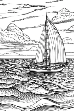 A sailboat glides gracefully across the endless expanse of a tranquil, azure ocean, its sails billowing in the gentle breeze. The vastness of the open sea stretches as far as the eye can see, offering a profound sense of boundless freedom and adventure..coloring book page, simple and clean line art, adult drawing book, black and white, crisp black lines, no shades, sharp lines, coloring book for adults, cartoon style, landscape