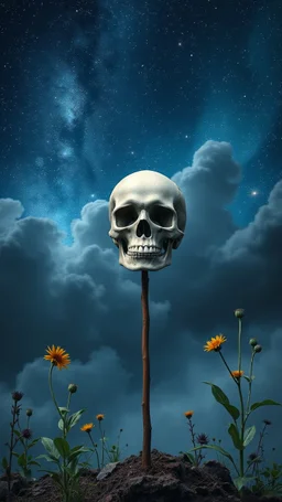 stars in the background and plants of out of this world galaxy in a blue and gray cloud of stormy weather a stick fixed on the ground with skull put on it