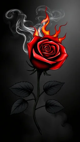 a rose where the stem and leaves(black) is made of smoke, and the flower(red) is made of flame shapes that spiral in the middle, vector in a hotrod and tattoo style