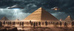 Hyper Realistic UFO aliens fighting pharaoh army outside Pyramids with thunderstorm at dark rainy night