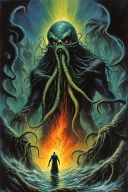 Classic "Weird Tales" Magazine cover, "The Wrath of the Elder Gods", vintage horror, by Bob Eggleton, expansive, brooding colors, lovecraftian, horror comic book art, text: "WEIRD TALES".