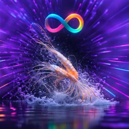 infinity symbol ∞ with vibrant powerful shrimp coming out of the water, striking, neon, chiaroscuro, dramatic, captivating, powerful, fantasy, beautiful, octane render, 16k post-production, artstation: award-winning: atmospheric: commanding: fantastical: clarity: ultra quality: striking: brilliance: stunning colors: amazing depth; lens: f/11, 35mm